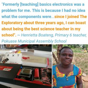 Ghanaian teacher sitting outside. Electronics set